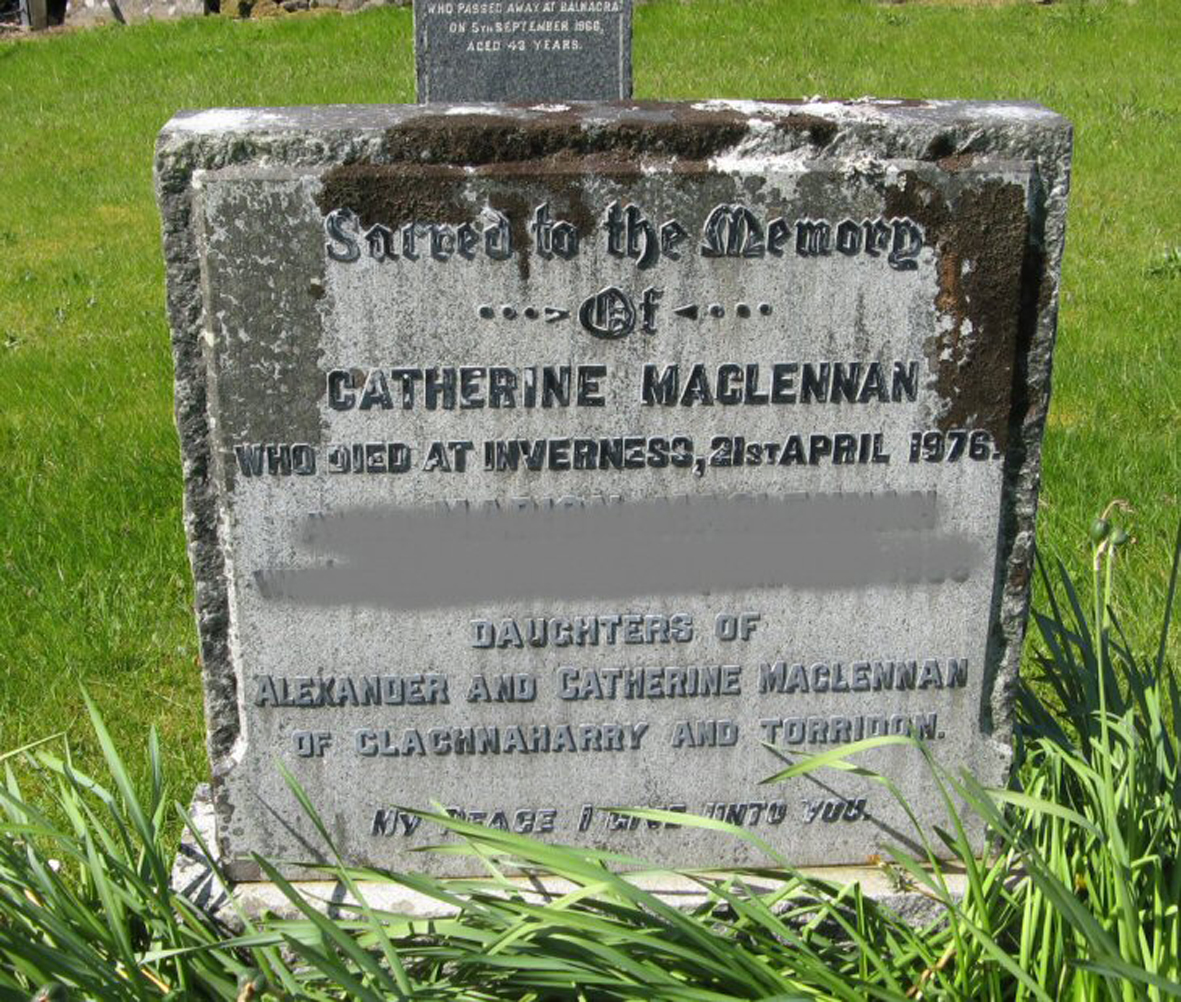 Photo of headstones/Catherine MacLennan died 1976 MI Annat New